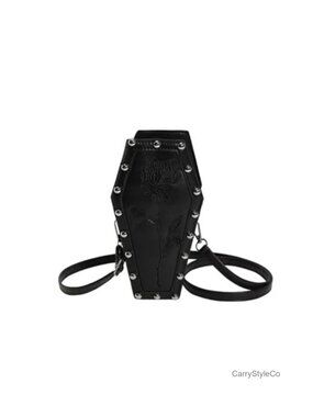 PU Leather Coffin Crossbody Bag Gothic Embroidered Rose Shoulder Purse